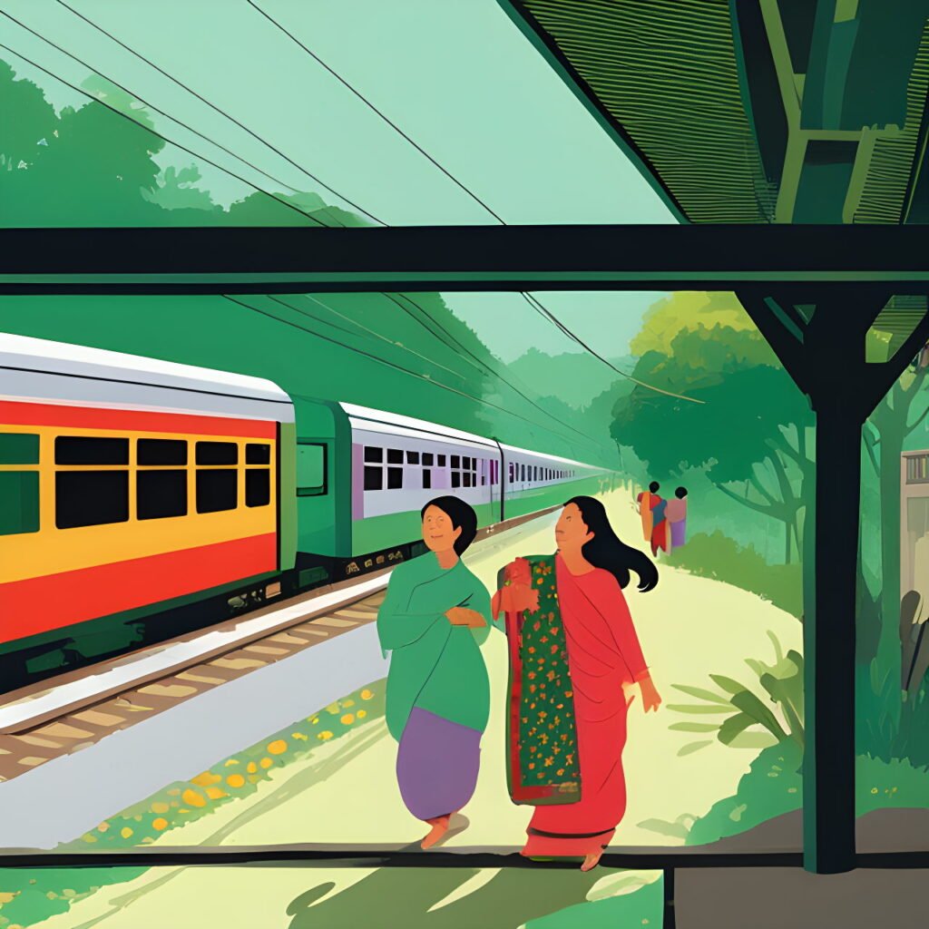Two Bangladeshi Train is crossing the Road in a green and Beautiful area where 2 people are looking the train and some people are smiling at window side. Photojournalism, award winning, photo of, magazine photograph, by Hayao Miyazaki, colorful